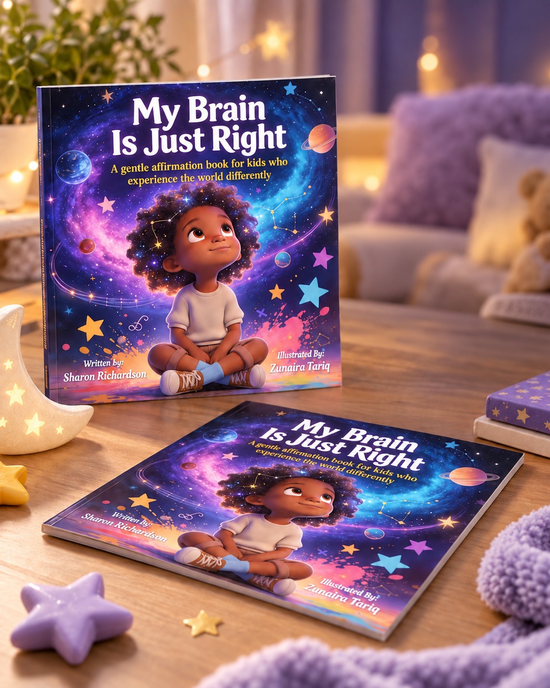 Two copies of My Brain Is Just Right on a cozy wooden tabletop beside a glowing crescent moon lamp, colorful stars, and a soft purple blanket