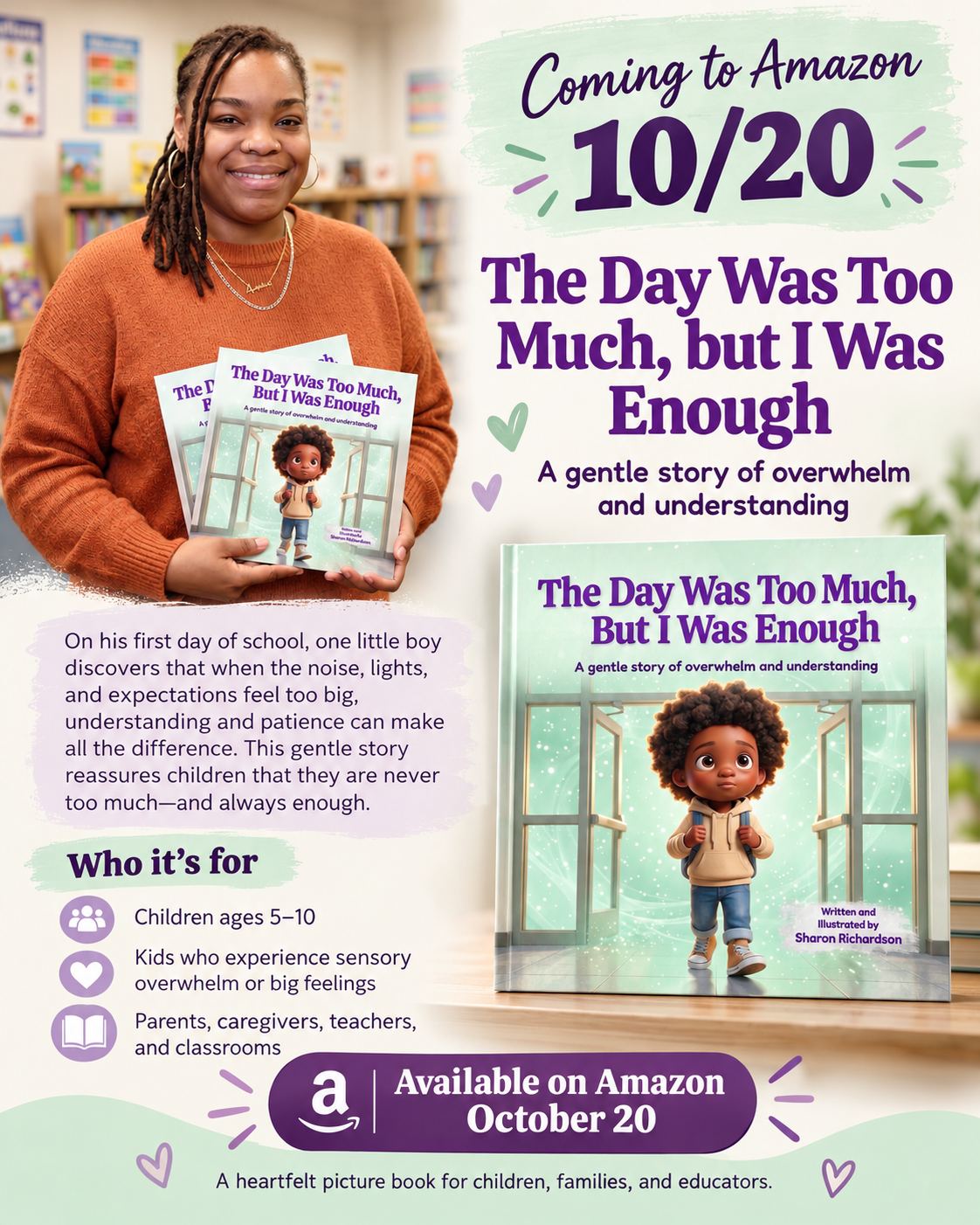 October 20 launch announcement for The Day Was Too Much, but I Was Enough, featuring Sharon Richardson and the book